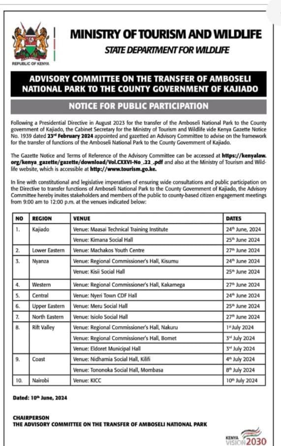 Ashleyntoine's tweet photo. I NEED THIS AMPLIFIED 

The Ministry of Tourism wants to transfer the control of The Amboseli National Park to the County government of Kajiado . Public participation in Nairobi is on the 10th of July . 

A national natural resource should not be given to a county government https://t.co/GAje2ZVtdq