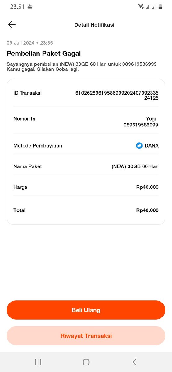 ucuup69_'s tweet photo. @3CareIndonesia beli kuota di bima+ bayar pake dana. saldonya kepotong kuota ga masuk. di bima+ pembayaran gagal https://t.co/gDrne93WTh