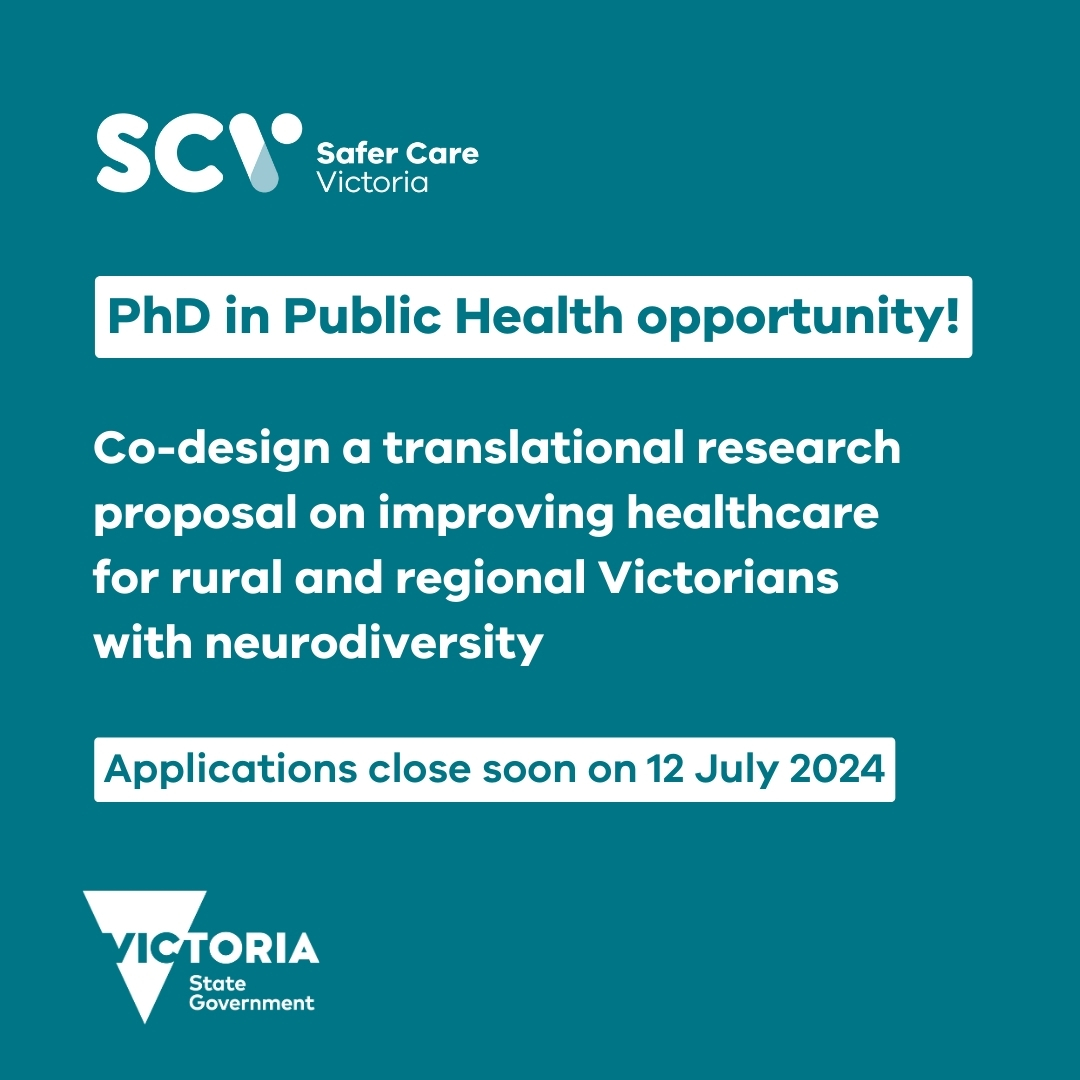 Safer Care Victoria (@safercarevic) on Twitter photo Thinking of a PhD in Public Health (PH)? đ
We have an exciting opportunity to co-design a PH research proposal with <a href="/FedUniAustralia/">Federation University</a> that facilitates best practice to meet the healthcare needs of neurodivergent rural and regional Victorians.
To apply: bit.ly/3zIfy5T Thinking of a PhD in Public Health (PH)? đ
We have an exciting opportunity to co-design a PH research proposal with <a href="/FedUniAustralia/">Federation University</a> that facilitates best practice to meet the healthcare needs of neurodivergent rural and regional Victorians.
To apply: bit.ly/3zIfy5T