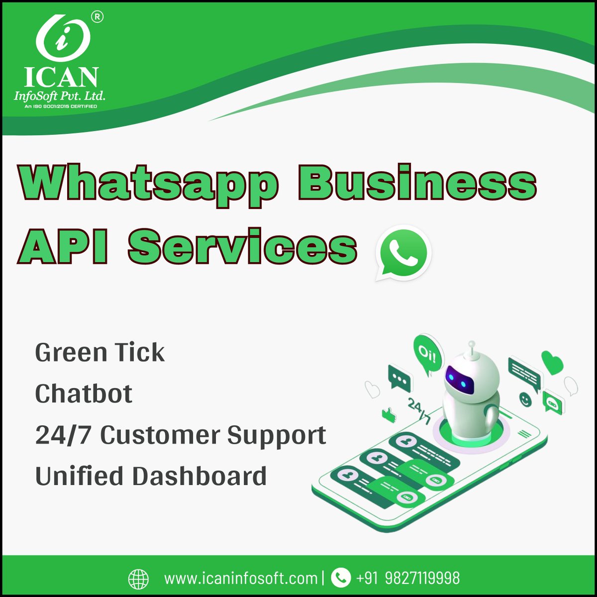 ICANInfoSoft's tweet image. Elevate your business communication with WhatsApp Business API Services by ICAN InfoSoft!
✅ Green Tick Verification
🤖 Smart Chatbot
🕒 24/7 Customer Support
📊 Unified Dashboard
#icaninfosoft #WhatsAppBusiness #BusinessAPI #CustomerSupport #Chatbot #BusinessAutomation
