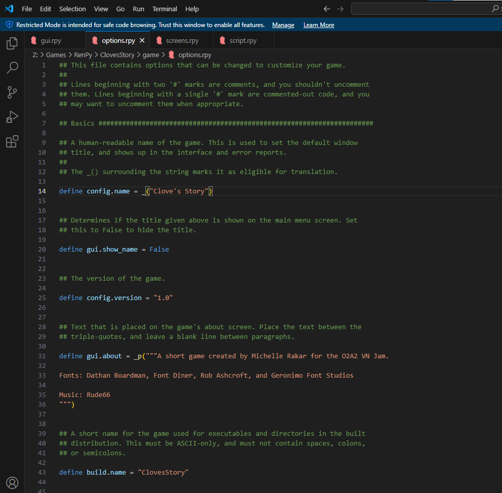 MichelleRakar's tweet photo. I worked a lot on the GUI for my #O2A2VNJam project! I made them pretty simple but wanted them to at least be different enough from the defaults in RenPy. I also updated the fonts and name box positions by exploring the gui and options.rpy files. I started the title too! #O2A2 https://t.co/viIuIbgVSg
