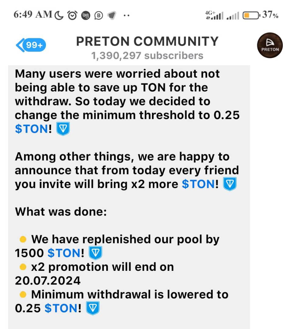 TheWeb3Triller's tweet photo. Hey guys guess what $PRETON just reduced withdrawal to 0.25 Ton why no t start by earning more $PRETON points and gain more $TON
Use my link and start now:-
https://t.co/foOuEcVdrF
@preton_official @ton_blockchain #PRETON #TON https://t.co/abqKUwLycZ
