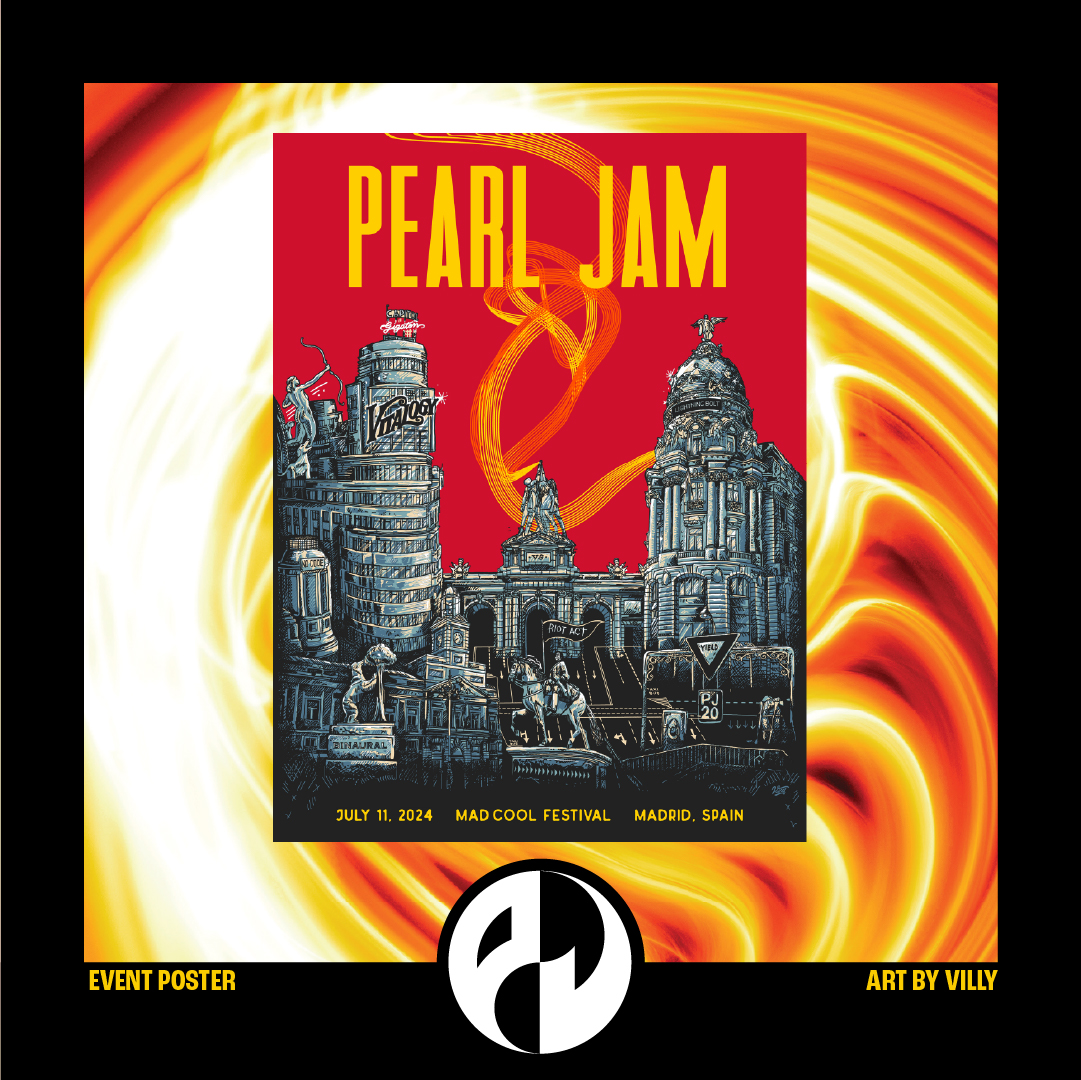 PearlJam's tweet photo. Madrid, Dark Matter is coming to you early! Get your Pearl Jam merch now for the @madcoolfestival show tomorrow.  

Event Poster Artist: Villy Villian

The event poster and merch are all available starting at 5pm. https://t.co/wFZI7XLGW3