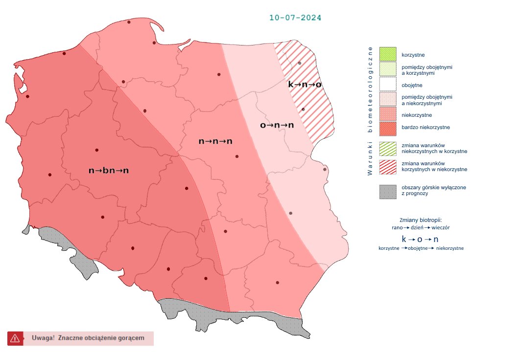 IMGWmeteo's tweet photo. #IMGWlive 08:20 | 10.07  

W Polsce dominować będzie niekorzystny wpływ pogody na organizm . Na zachodzie kraju przejściowo w ciągu dnia, w czasie najsilniejszego upału, w godzinach popołudniowych miejscami także w trakcie burz, zaznaczą się bardzo niekorzystne warunki biometeo https://t.co/A5nuCYfbmB