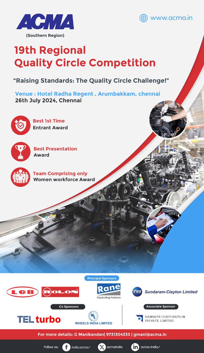 ACMAIndia's tweet image. Join us at ACMA Southern Region's 19th Regional Quality Circle Competition on July 26th, 2024, in Chennai! Participate in the dynamic "Raising Standards: The Quality Circle Challenge" and win exciting awards.
Register now! forms.gle/5yvVfxW68V69PG…
#QualityCircle #ACMA2024