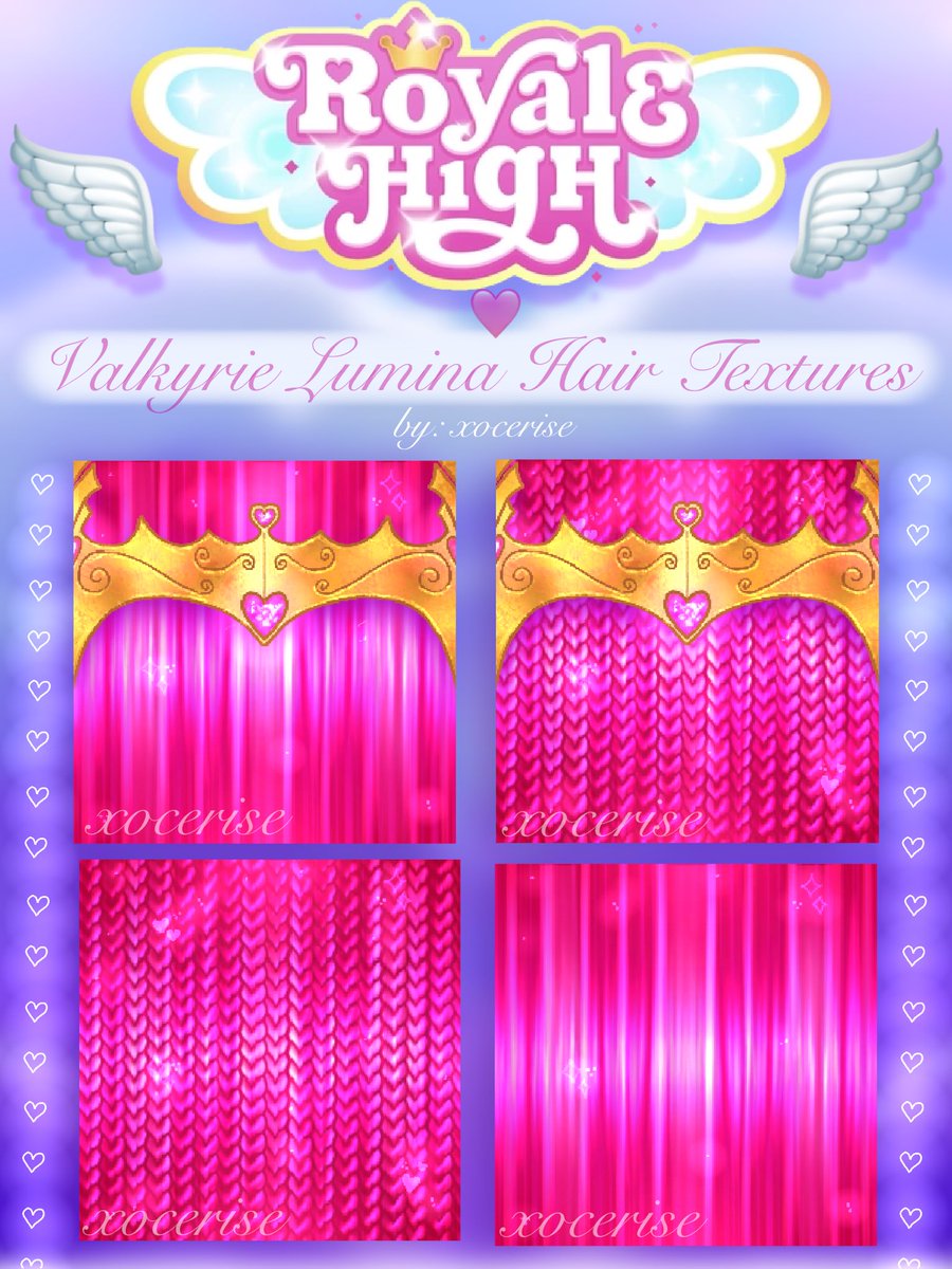 🩷🪽#ROYALEHIGH VALKYRIE LUMINA HAIR TEXTURE🪽🩷

-total time: 1:15:50
-💗+🔃 appreciated!
-first time making braid hair textures!!

xo, cerise💋

#royalehighhairtextures #RHTC #RH #royalehighcampus3