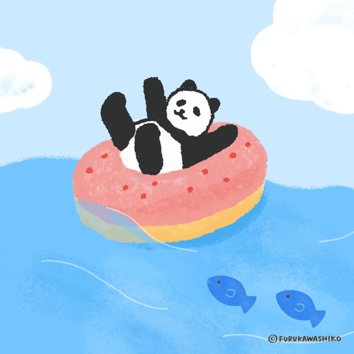 OKASHIDOUBUTSU's tweet photo. 週末は３連休！
7月15日は海の日！！
ドーナッツを浮き輪がわりにするパンダの赤ちゃんです。

暑いので、海が気持ちよさそう〜！

#お菓子などうぶつ工房 #古川紙工 #海の日 #三連休 https://t.co/76s4hPrDh1