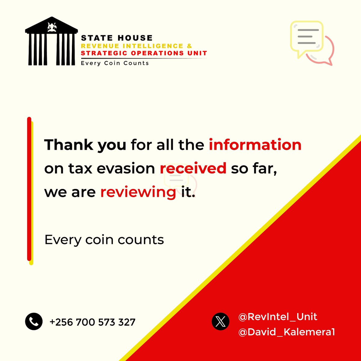 Thank you for all the valuable information on tax evasion received so far. 

We are currently reviewing it and action will be taken soon. Remember, #EveryCoinCounts 

Let’s keep the information coming.