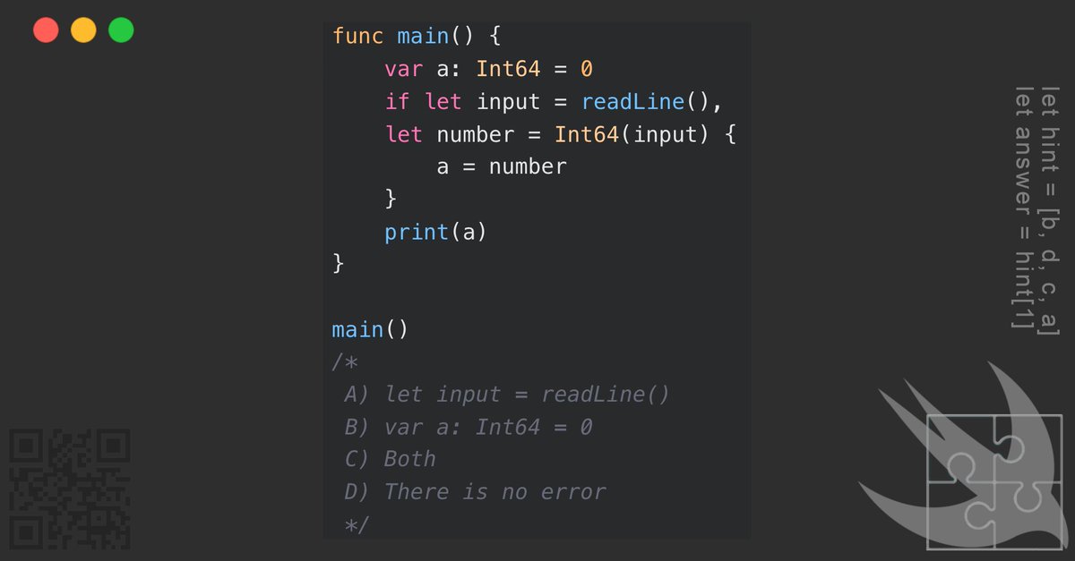 GregCoolShade's tweet image. โ
โโโโ - Can you spot the error in this Swift code? Input/Output challenge! #SwiftLang #CodingPuzzle #SwiftProgramming
