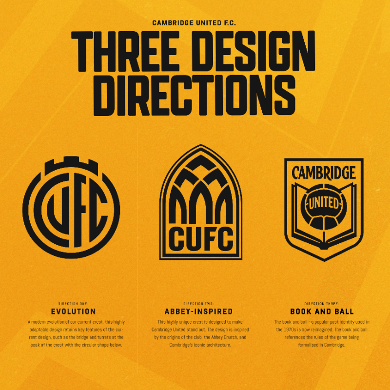 CambridgeUtdFC's tweet photo. A month of supporter consultation begins now as we present three new Crest designs for supporters to consider.