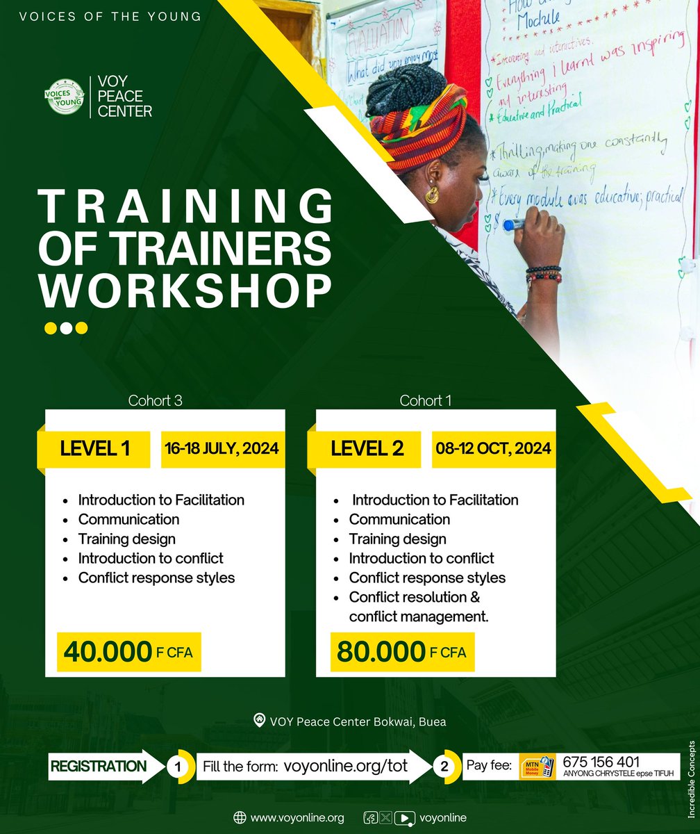 voyonline's tweet photo. 🚀 Elevate your career and impact your community! Join VOIP Center for top-tier training in facilitation, peacebuilding, and conflict transformation! 🌍✨

💻 Register: https://t.co/44ej0dJkda

#VOYTOT
#TOT
#VOY #VOYPC
#TrainingOfTrainers
#VOYPeaceCentre
#ConflictTransformation https://t.co/wSKMZb36JZ