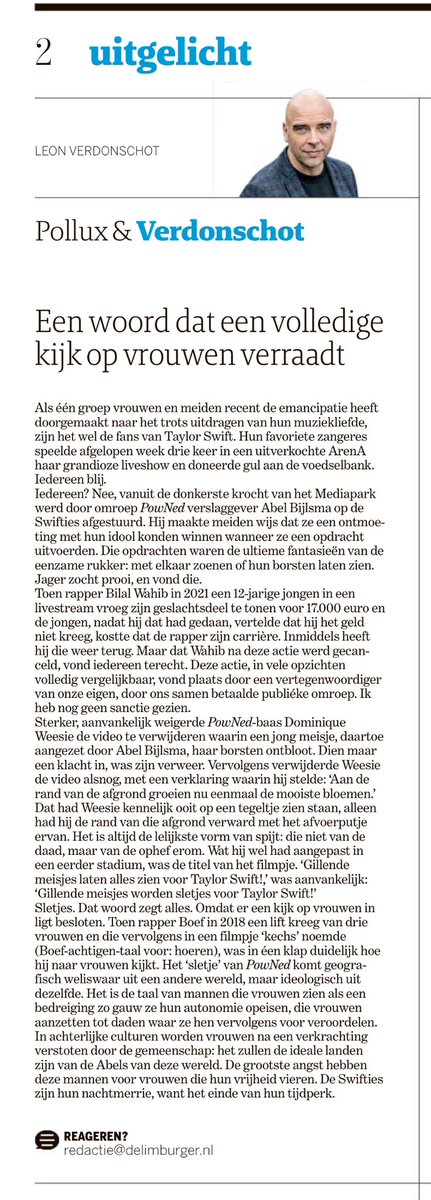 Mijn column voor De Limburger. Over Powned-kereltjes en hun angst voor Swifties.