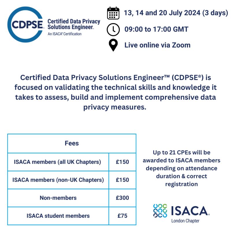 ISACA London Chapter is running an CDPSE revision course.

What you will learn with CDPSE:
• Privacy Governance
• Privacy Architecture
• Data Lifecycle
 
Registration information is available here: ow.ly/8nCz50SxZa8