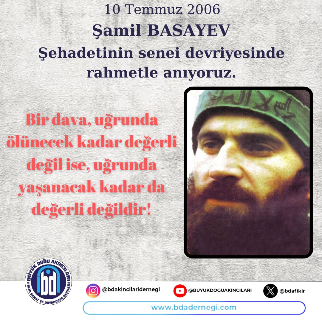 bdaankara's tweet photo. Çeçen özgürlük mücadelesinin büyük kahramanı ve Çeçen İçkerya Silahlı Kuvvetleri Komutanı Şamil Basayev'i şehadetinin sene-i devriyesinde rahmetle ve minnetle yâd ediyoruz.
@bdafikir
#SamilBasayev https://t.co/Y3Crn1Bln3