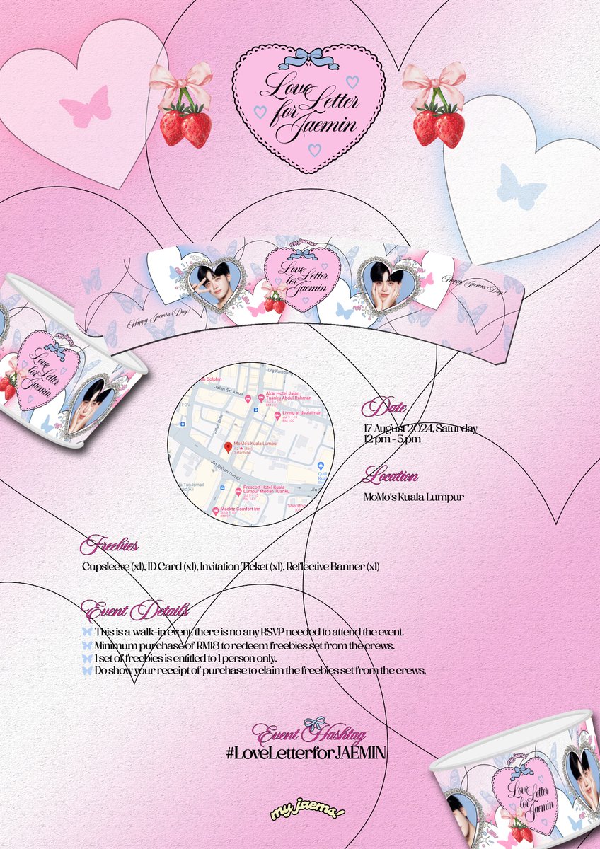 my_jaems's tweet photo. 2024 JAEMIN BIRTHDAY PROJECTS
by @my_jaems 

⋆ ˚｡⋆୨ Love Letter for JAEMIN ୧⋆ ˚｡⋆
Jaemin’s Birthday Cupsleeve Event

📍 Momo’s Kuala Lumpur
🗓 17 Aug 2024, 12PM-5PM

Join us as we celebrate Jaemin’s upcoming 24th birthday. Hope to see you there! 🩷🩵

#LoveLetterForJAEMIN https://t.co/jcQICYuM4l