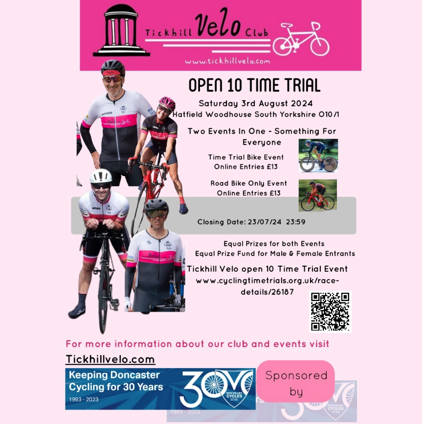 Tickhill Velo Club (@tickhillvelo) on Twitter photo The clock is ticking to our Open 10 TT 03/08/24. TT & Road bike categories with equal prize pots. We’ve had a full event in past years so don't leave it too late!
<a href="/aprirebicycles/">Aprire Bicycles</a> <a href="/BarnsleyRdClub/">Barnsley Road Club</a> @Birdwell_whls <a href="/BuxtonCycling/">Buxton Cycling Club</a> <a href="/ChorltonVelo/">Chorlton Velo</a> <a href="/HullThursdayRC/">Hull Thursday Road C</a> <a href="/cpcycles/">Cliff Pratt Cycles</a> <a href="/DinningtonRC/">Dinnington Road Club</a> The clock is ticking to our Open 10 TT 03/08/24. TT & Road bike categories with equal prize pots. We’ve had a full event in past years so don't leave it too late!
<a href="/aprirebicycles/">Aprire Bicycles</a> <a href="/BarnsleyRdClub/">Barnsley Road Club</a> @Birdwell_whls <a href="/BuxtonCycling/">Buxton Cycling Club</a> <a href="/ChorltonVelo/">Chorlton Velo</a> <a href="/HullThursdayRC/">Hull Thursday Road C</a> <a href="/cpcycles/">Cliff Pratt Cycles</a> <a href="/DinningtonRC/">Dinnington Road Club</a>