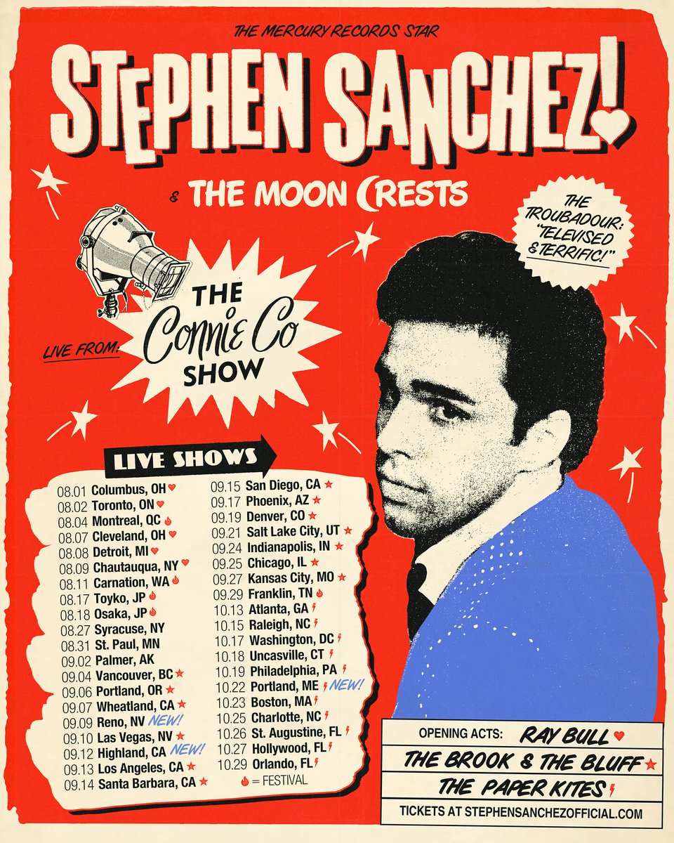 StephenSanchez0's tweet photo. @stephencsanchez We’ve got 3 brand new shows, folks! Fresh dates for you in:

Reno, NV 
Highland, CA
Portland, ME

I can’t wait to come see your beautiful faces on the road again! Presale begins tomorrow at 10am local. Link in bio to sign up. https://t.co/c6EMUwK8oA