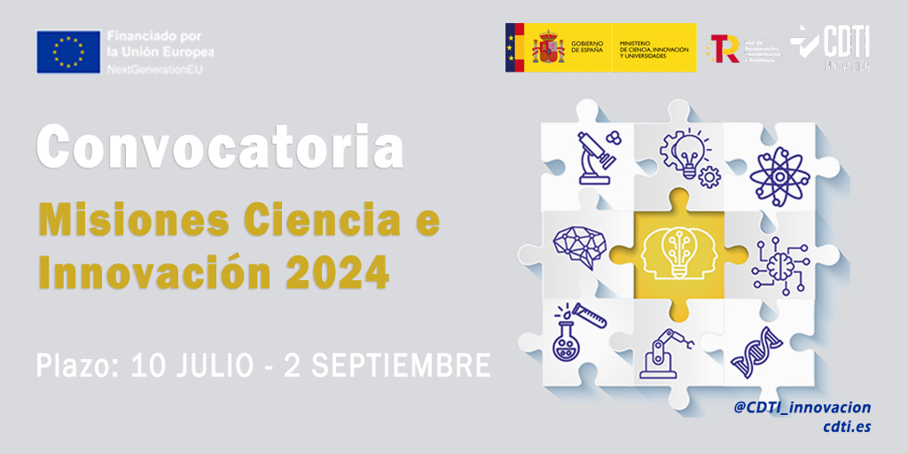 📢Abierta la convocatoria Misiones Ciencia e Innovación 2024 para proyectos estratégicos de I+D en cooperación dirigidos a 8 prioridades temáticas

💶84M€ en #subvenciones 
🗓️ Plazo de solicitudes: 10JUL - 02SEPT (12:00 hora peninsular)  

➕ info➡️acortar.link/cT7v4z

#PRTR