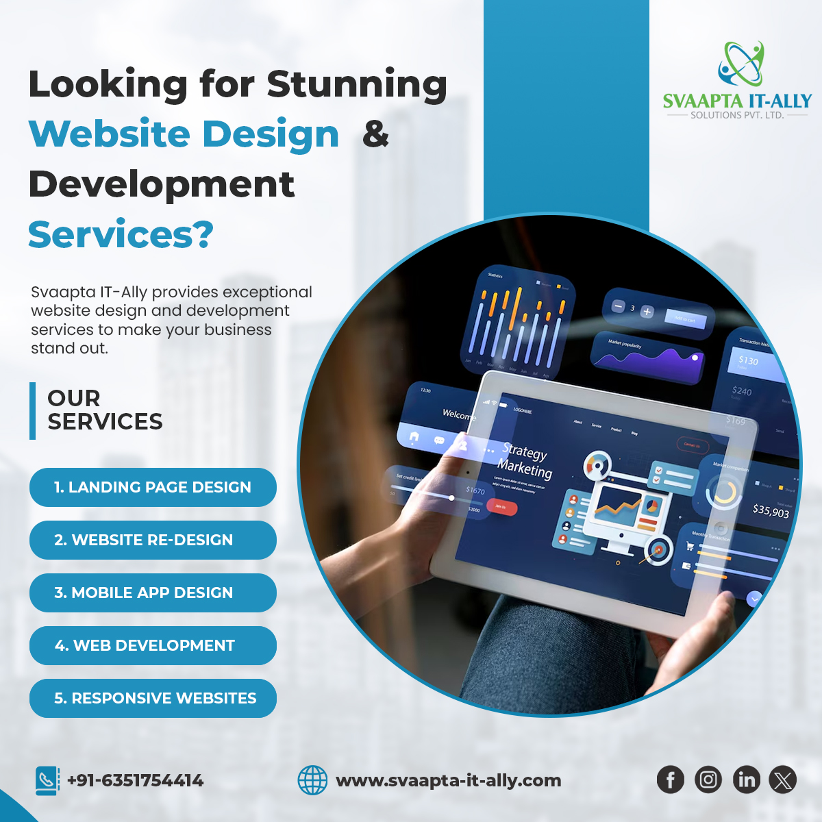 svaapta_it_ally's tweet image. Your website is vital for online marketing success. @svaapta_it_ally provides exceptional website design & development services to make your #business stand out.   Start your new website today!
Reach out to us at 📞 +91-6351754414 
#websitedesign #websitesolution #entrepreneur