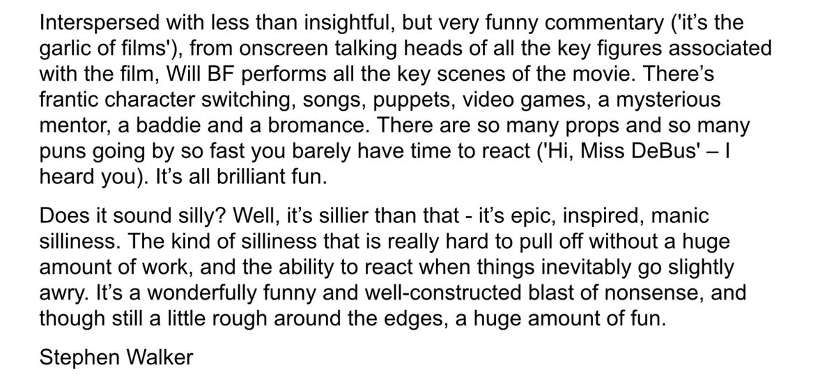 willbfff's tweet photo. The reviews are in !!

Again I cannot be more grateful for yesterday’s lovely crowd! You made the show ! (Metaphorically)

There’s still one last chance to catch this “epic, inspired, manic silliness” TODAY at 5:30! @buxtonfringe @underthefringe https://t.co/wdfKAbl6Dy