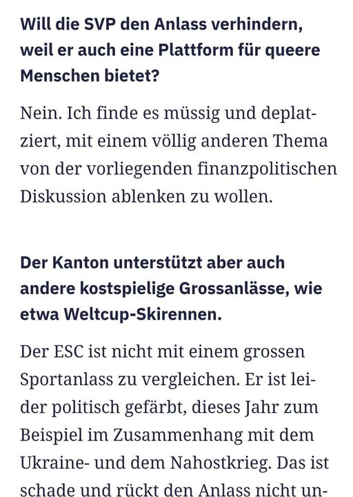 "Bitte mischt keine anderen Themen in eine finanzpolitische Frage"
...
"Aber der #ESC ist politisch..."

Merkt die SVP <a href="/bernstark/">SVP BErnstark</a> noch wie sehr man sich in zwei aufeinanderfolgenden Fragen widerspricht?