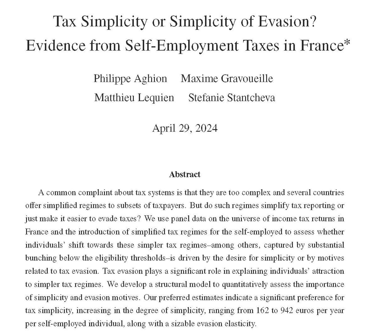 🚨Paper alert! Tax systems are complicated. Many countries try to simplify theirs. But does this actually simplify taxation or just make it easier to evade taxes? Our updated paper w/P. Aghion, @M_Gravoueille, Matthieu Lequien looks at this question scholar.harvard.edu/sites/scholar.… 🧵 1/