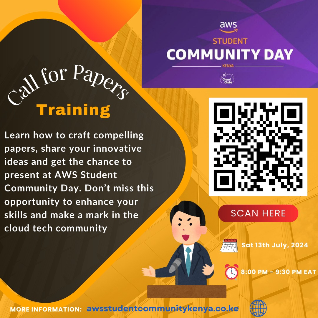 awscloudclubKE's tweet photo. WE WANT YOU TO SPEAK AT #AWSSCDKENYA. 
And we will show you how it's done !🥳
You're invited to a dedicated #training session.
 Ideal for students and AWS enthusiasts in Kenya, this workshop will guide you on how to create impactful #papers and successfully present your ideas😃 https://t.co/KEuBJqNdJn