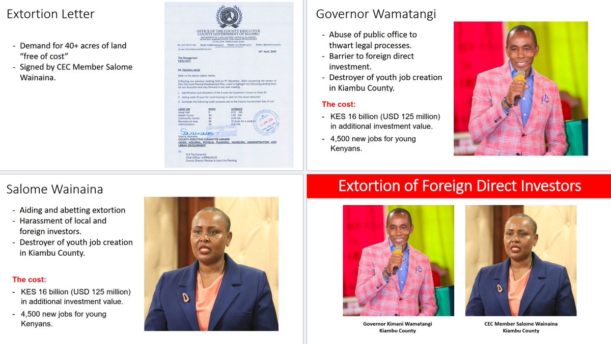 MwangoCapital's tweet photo. Tatu City has accused Kiambu County Governor Kimani Wamatangi [@KWamatangi] and CEC Member Salome Wainaina of extorting KES 4.3B, holding up approvals, and demanding 40+ acres of land.

They say this has cost the country KES 16B in investment and 4,500 in new jobs. https://t.co/s3nL9JBGVA