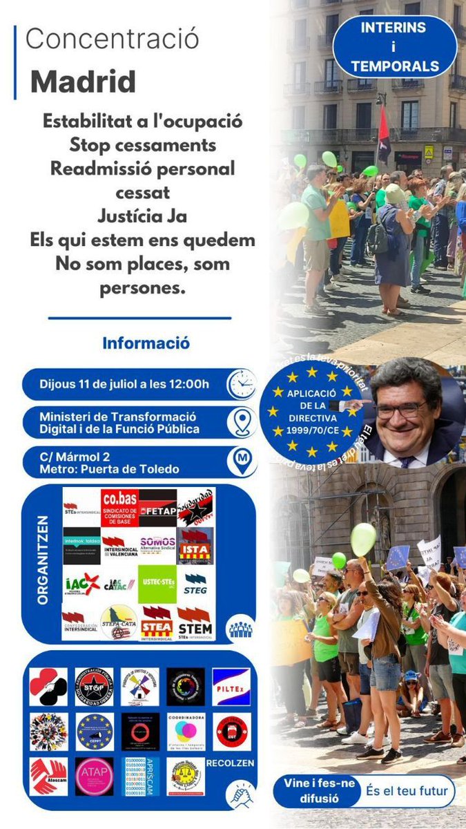 Demà 11 de juliol serem a #Madrid per reclamar una nova normativa que estabilitzi al personal en abús de temporalitat!
 
🕙12 h
📍MINISTERI FUNCIÓ PÚBLICA
Mármol, 2

PER L'ESTABILITZACIÓ DE TOTES LES PERSONES EN ABÚS DE TEMPORALITAT!
#LesQueHiSomEnsQuedem

catac.cat/iac-catac-segu…