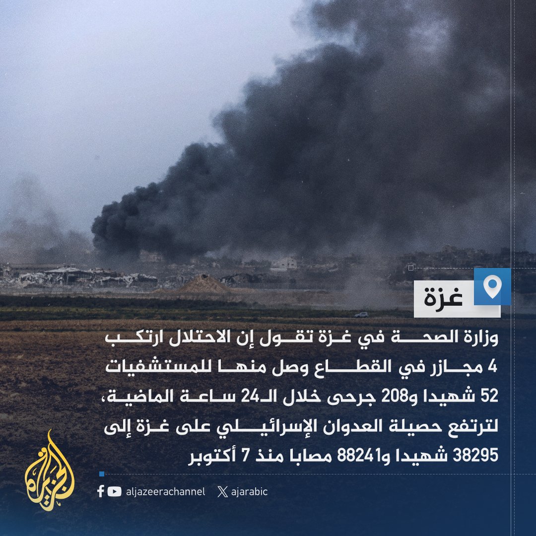 4 مجازر ارتكبها الاحتلال في غزة وصل منها للمستشفيات 52 شهيدا و208 جرحى خلال الـ24 ساعة الماضية
#حرب_غزة