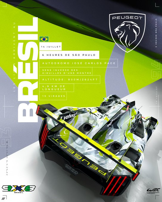 PEUGEOTMAROC's tweet photo. Bienvenue à l'Autodromo José Carlos Pace, plus connu sous le nom d'Interlagos ! C'est la première fois que nous sommes accueillis sur ce circuit mythique et nous avons hâte de prendre part au spectacle ! #Peugeot9X8 #AllureBornToRace #6HSaoPaulo https://t.co/2GxtQ97eYS