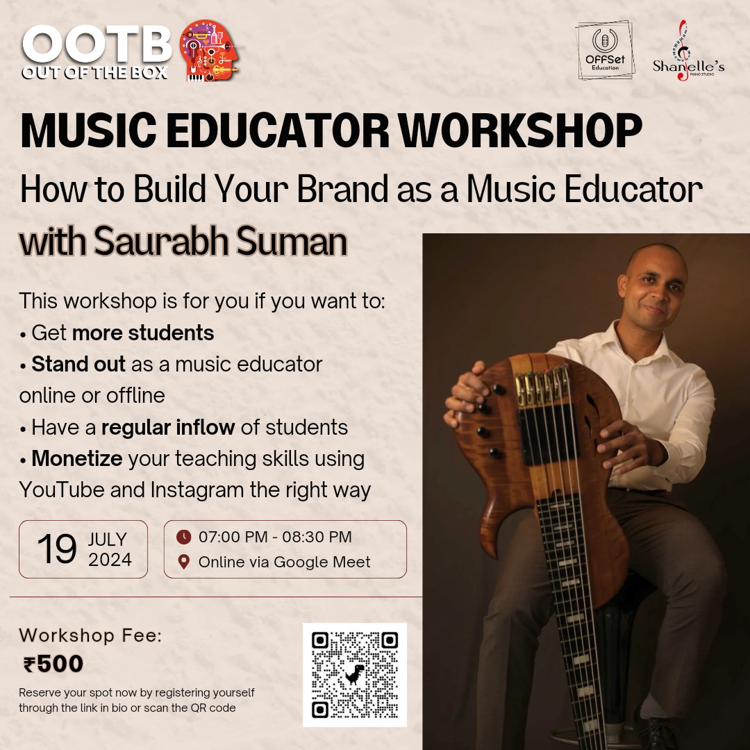 OffSetEd's tweet image. OOTB Music Educator Workshop ALERT 🚨 
For our 4th edition of OOTB workshop we have the very talented and multifaceted Saurabh Suman .
Saurabh will be walking us through what goes into building a brand as a music educator and using the tools at hand to do it efficiently.