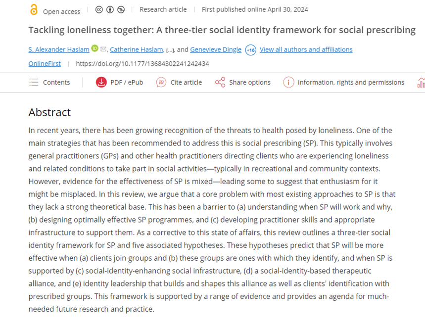 MhairiBowe's tweet photo. Our new open access paper led by @alexanderhaslam defining the psychological processes essential to successful social prescribing at social, group, and interactional levels -  reflections on appropriate infrastructure and group dynamics and the role of link workers, practitioners, and group leaders #socialpresribing #communitylinkworker #linkworker #tacklingloneliness #socialcure @ScotCLWnetwork @ScottishSPN @NASPTweets @nalwuk  https://t.co/CjSUc99x4H