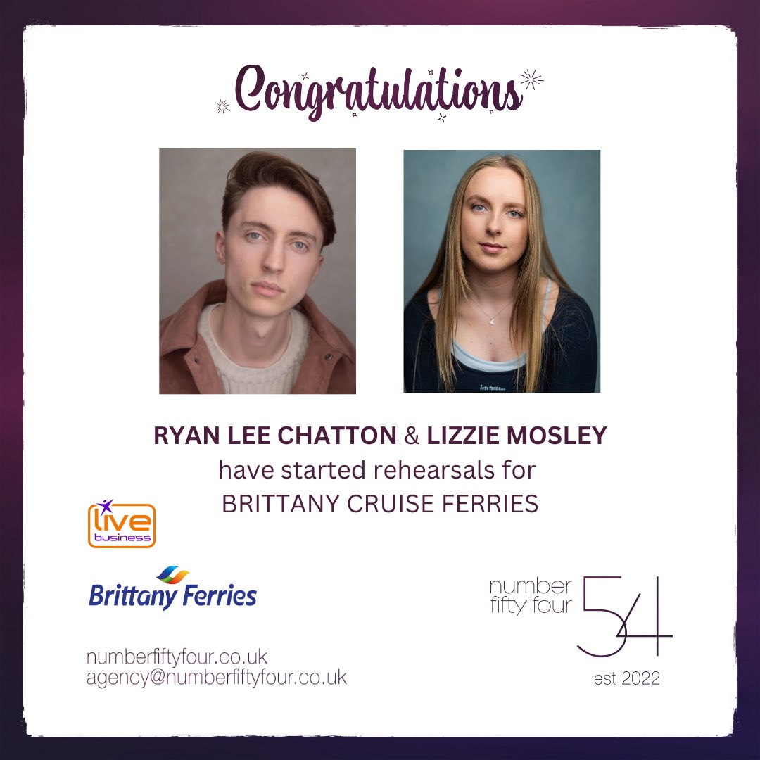 Number Fifty Four (@n54agency) on Twitter photo Congratulations to RYAN LEE CHATTON (<a href="/ryan_chatton/">Ryan Lee Chatton</a>) & LIZZIE MOSLEY (<a href="/lizziemosley_/">Lmo</a>) who have started rehearsals for BRITTANY CRUISE FERRIES, with thanks to LIVE BUSINESS (<a href="/livebusinessltd/">Live Business</a>) 🛳️🌊
#N54Agency #N54CruisesandResorts Congratulations to RYAN LEE CHATTON (<a href="/ryan_chatton/">Ryan Lee Chatton</a>) & LIZZIE MOSLEY (<a href="/lizziemosley_/">Lmo</a>) who have started rehearsals for BRITTANY CRUISE FERRIES, with thanks to LIVE BUSINESS (<a href="/livebusinessltd/">Live Business</a>) 🛳️🌊
#N54Agency #N54CruisesandResorts