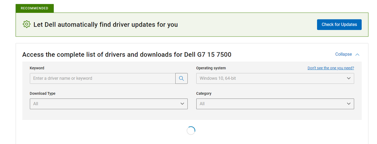 Anttix's tweet photo. @DellCares Hello! I'm having trouble downloading drivers from your support site, across various browsers (Chrome, Edge, Brave), various machines and IPs. Just buffers and won't load fully. Pic attached. https://t.co/s0H1c6hC1Z