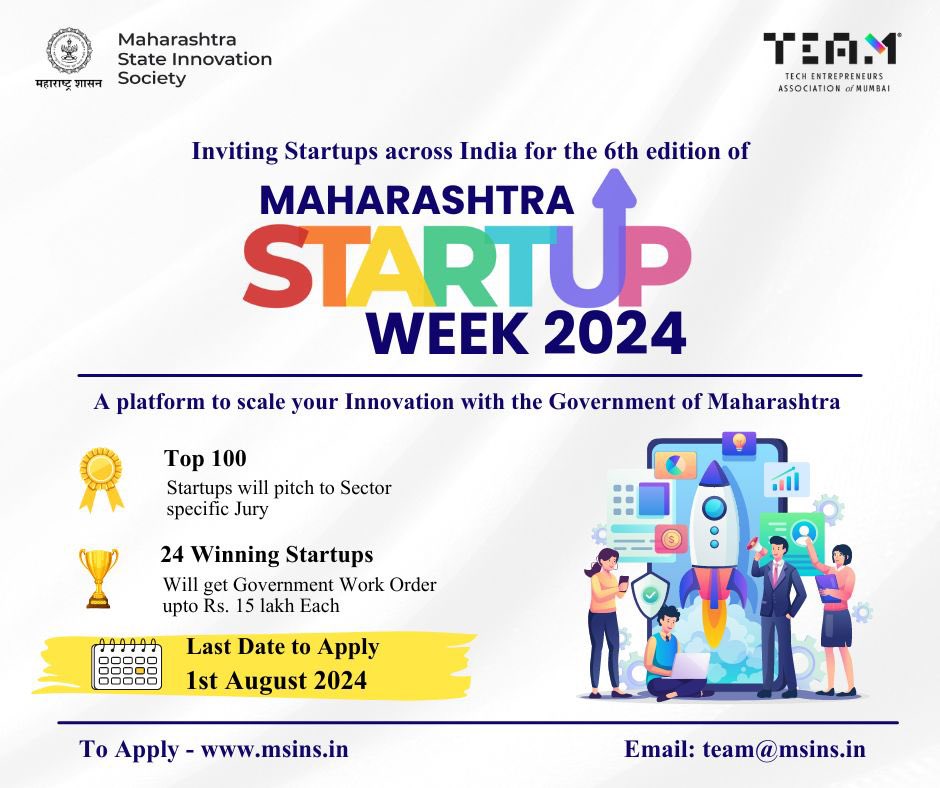 mumbai_tech_'s tweet photo. @MSInSociety launches @mahastartupweek 2024, an annual flagship program to award 24 startups with a govt work order of Rs. 15 to pilot their innovation with Government
Startups across India can apply - https://t.co/2c4Idwro1d
#ScaleWithGovernment https://t.co/kOGbeTc9Ko