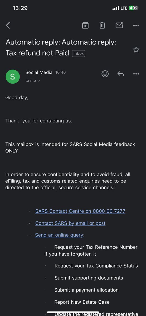 K_Aobakwe's tweet photo. @sarstax It’s been more than 72 hours, you replied to my previous comment that I should send an email to this email address and this is the response I got instead of assistance. https://t.co/cUvwo6pIxQ