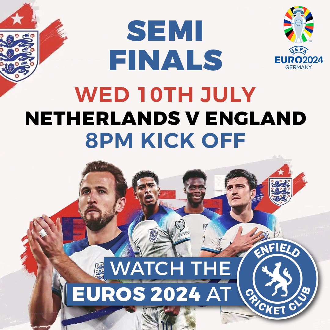 Enfieldcc's tweet photo. Another Euros, Another semi final 🏆

Come down tonight to watch England take on Netherlands 🏴󠁧󠁢󠁥󠁮󠁧󠁿🇳🇱

📺 Big screen 
🍻 Plenty of beer options 
🍟 Chip butty at half time https://t.co/um6zzPSPdP