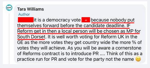 Reform Party Regional Organiser admits Phantom Candidate in #Dorset in Private Reform Party Facebook Group, and admits the reasons why.

So that's 1, proven.

Which opens the door to many more.

And makes a lie of all of Richard Tice's denials.