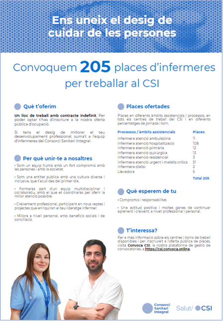 El Consorci Sanitari Integral Convoca una oferta pública de 205 llocs de treball d'Infermera/er: csi.convoca.online