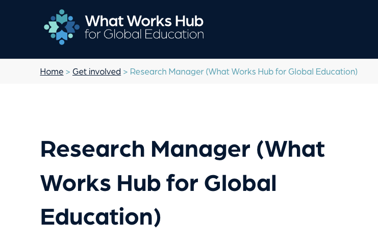 Noam Angrist (@angrist_noam) on Twitter photo The What Works Hub for Global Education (<a href="/WWHGlobalEd/">What Works Hub for Global Education</a> <a href="/BlavatnikSchool/">Blavatnik School of Government</a>) is hiring a Research Manager. Join our dynamo evidence synthesis team led by Michelle Kaffenberger (<a href="/MichelleKaffs/">Michelle Kaffenberger</a>)
wwhge.org/vacancies/rese… The What Works Hub for Global Education (<a href="/WWHGlobalEd/">What Works Hub for Global Education</a> <a href="/BlavatnikSchool/">Blavatnik School of Government</a>) is hiring a Research Manager. Join our dynamo evidence synthesis team led by Michelle Kaffenberger (<a href="/MichelleKaffs/">Michelle Kaffenberger</a>)
wwhge.org/vacancies/rese…