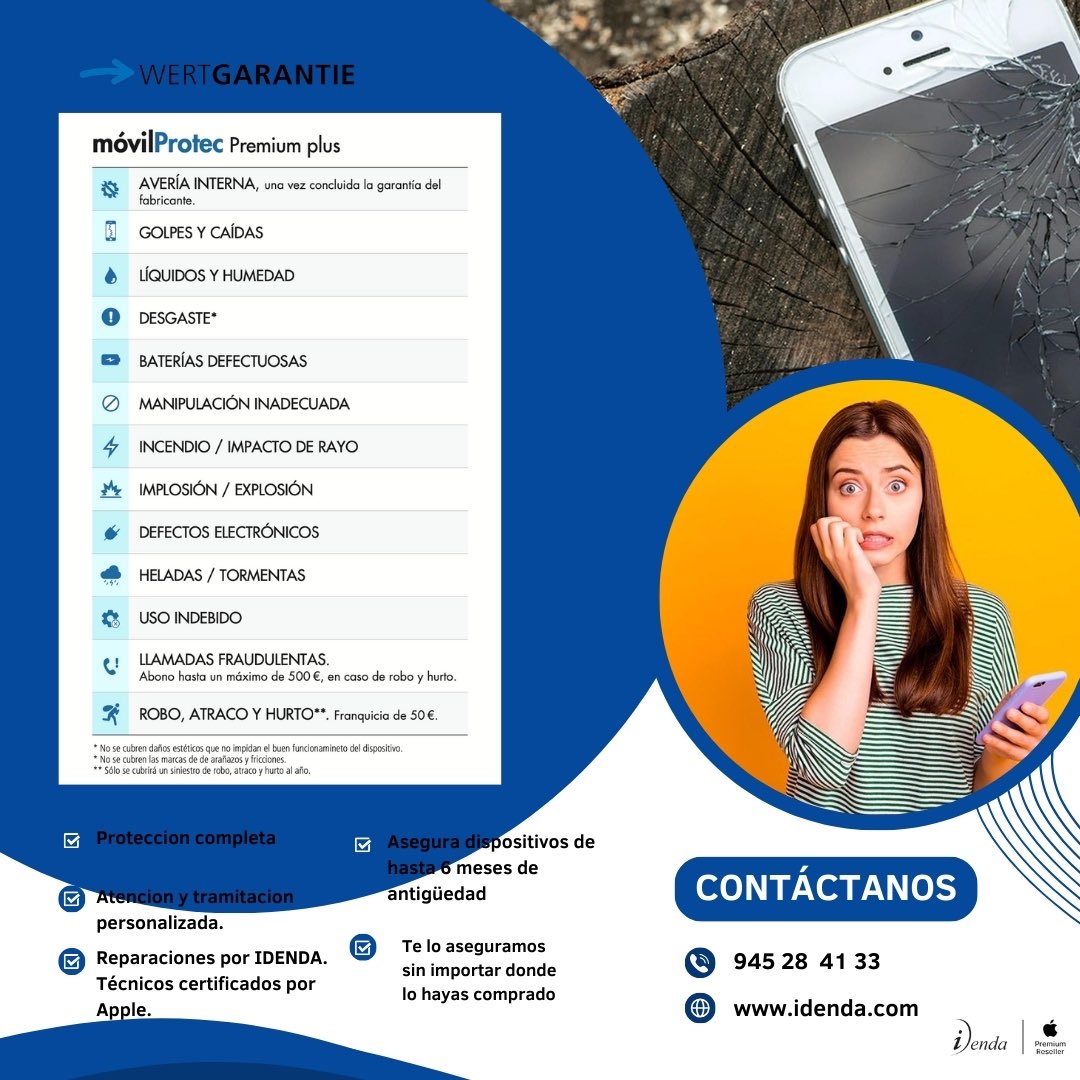 iDendaAPR's tweet photo. 🌟 ¡Protege tu dispositivo con Idenda! 🌟

En Idenda, tu Apple Premium Reseller en Vitoria-Gasteiz, ofrecemos el mejor seguro a todo riesgo para tu dispositivo. Con nuestro seguro móvilProtec, disfruta de tranquilidad y máxima protección con las siguientes ventajas: https://t.co/2o1QEAtzbA