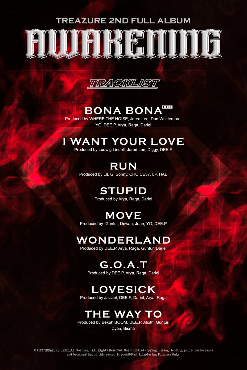 ㅤ 
             𝗧𝗥𝗘𝗔𝗭𝗨𝗥𝗘 2nd Full Album
             ⊹          𝐀𝐖𝐀𝐊𝐄𝐍𝐈𝐍𝐆          ⊹

             ————— : Tracklist
             19. O7. 2O24    |    6 PM (WIB)
 ㅤ