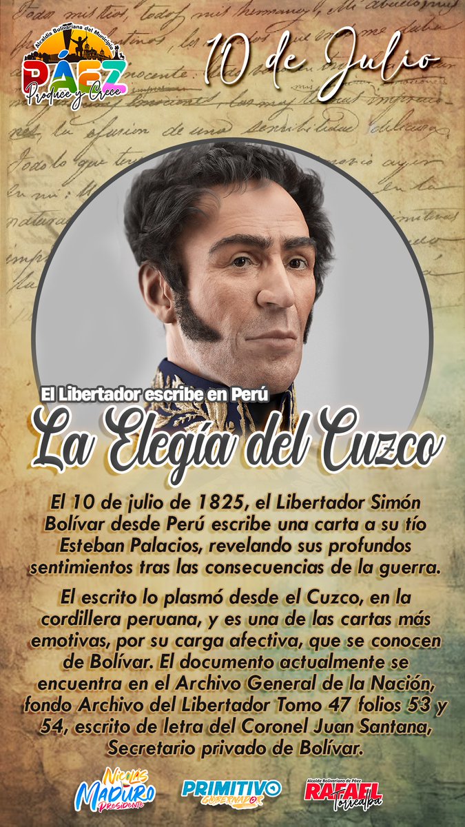 #10JUL En 1825, el Libertador Simón Bolívar, desde el Cuzco Perú, escribe una carta a su tío Esteban Palacios, revelando sus profundos sentimientos tras las consecuencias de la guerra. Una de las cartas mas emotivas, por su carga afectiva, que del ilustre caraqueño se conocen.