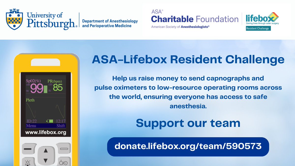 💪 We are proud to jump into this year's <a href="/ASALifeline/">ASA®</a>-Lifebox #ResidentChallenge to help raise funds for <a href="/SaferSurgery/">Lifebox</a> and #SaferAnesthesia. The funds will help send capnographs and pulse oximeters to low-resource operating rooms across the world. Donate: donate.lifebox.org/team/590573