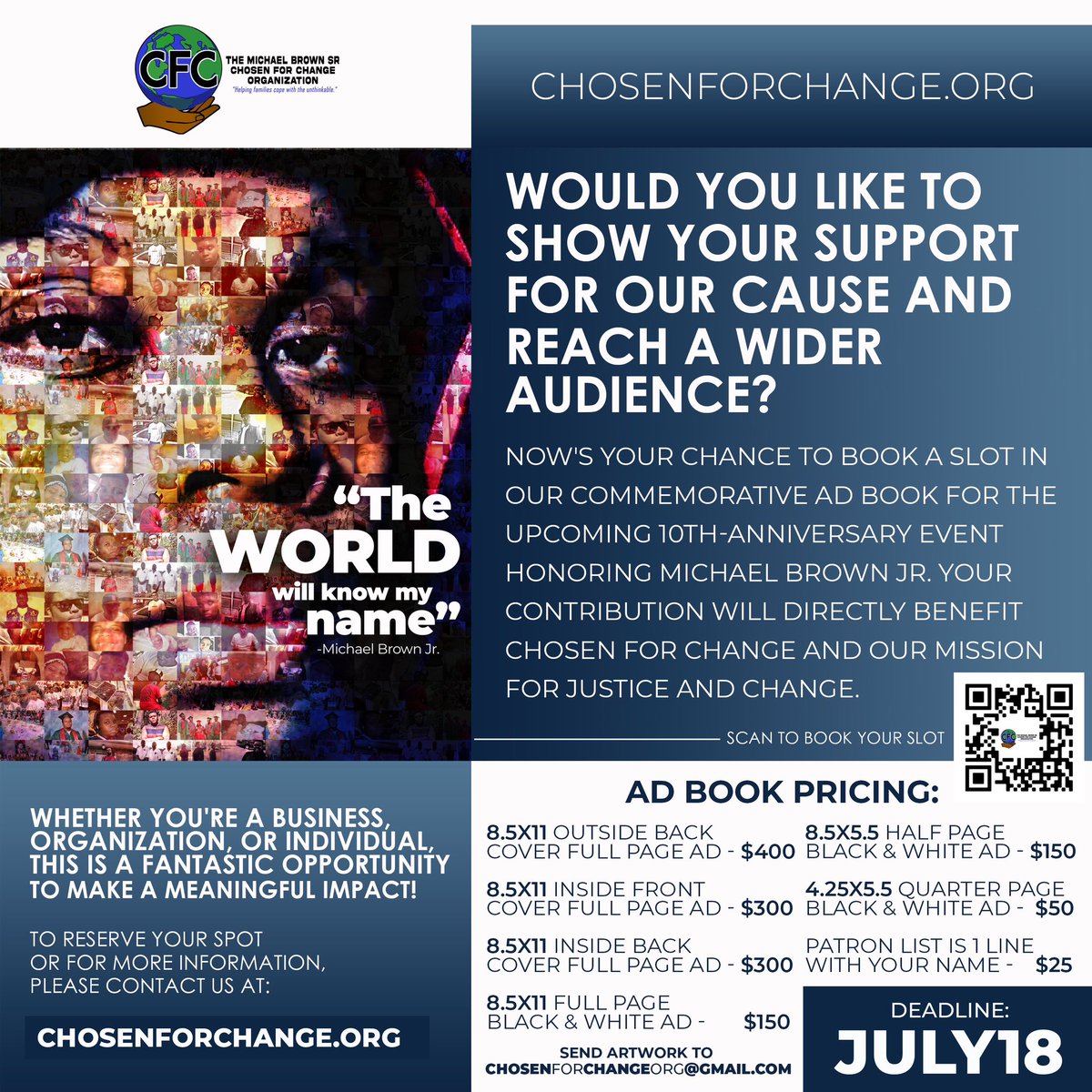 MBSrOrg's tweet photo. Exciting News! 

We are thrilled to announce that slots for the commemorative ad book "The World Will Know My Name," honoring Michael Brown Jr., are now available for purchase!  This unique edition will celebrate Michael's legacy and impact our community while promoting business. https://t.co/hBkgk3A9b1