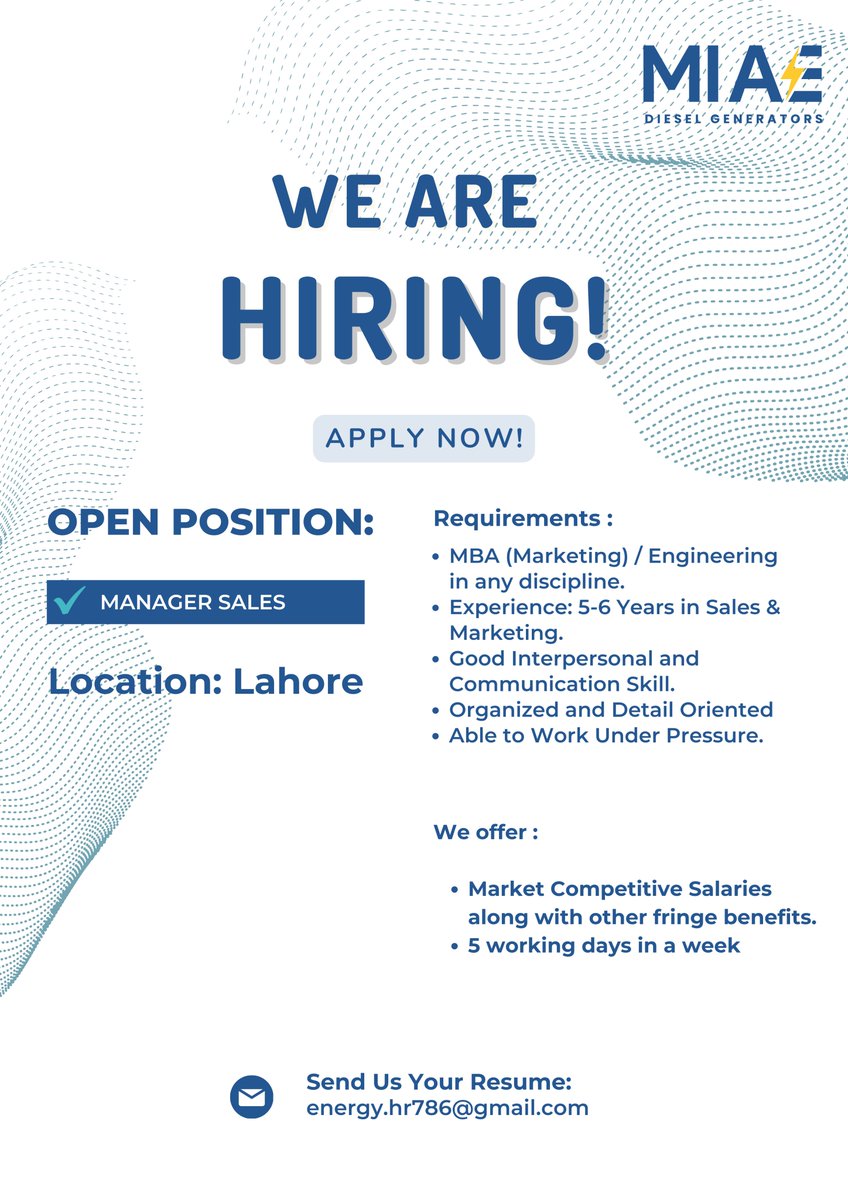 MIA_ENERGY's tweet photo. #Hiring
#vacancy 
#Manager_Sales
#Deputy_Manager_Sales
#Sales_Engineer
#Sales_Executive https://t.co/Kgqj9g7Zto