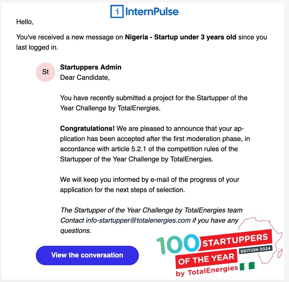 InternPulseHQ's tweet photo. We're thrilled to announce that InternPulse has been selected for the 4th edition of the Startupper of the Year Challenge by @TotalEnergiesNG!

The competition was fierce, with over 1,540 applications submitted...

#StartUpperChallenge #TotalEnergies #100Years100StartUppers https://t.co/hxH9z9ESri