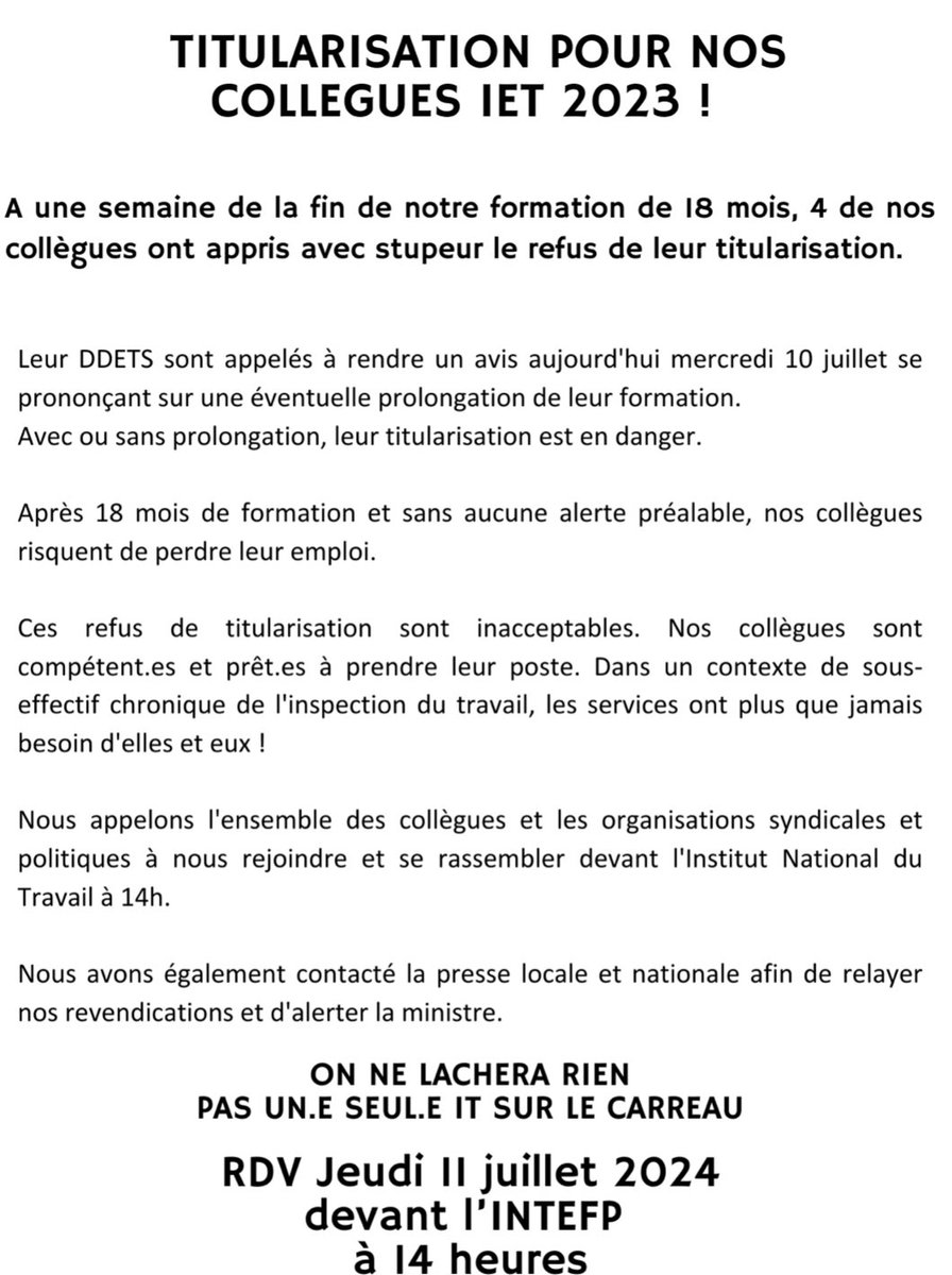 smith51_a's tweet photo. 🔴[ALERTE] A une semaine de la fin de leur formation de 18 mois, 4 inspecteurs du travail stagiaire ont appris avec stupeur le refus de leur titularisation !

🚨Ils et elles alertent et appellent à un rassemblement jeudi 11 juillet 2024 devant l'Institut national du travail à 14h https://t.co/FGdXmso7su