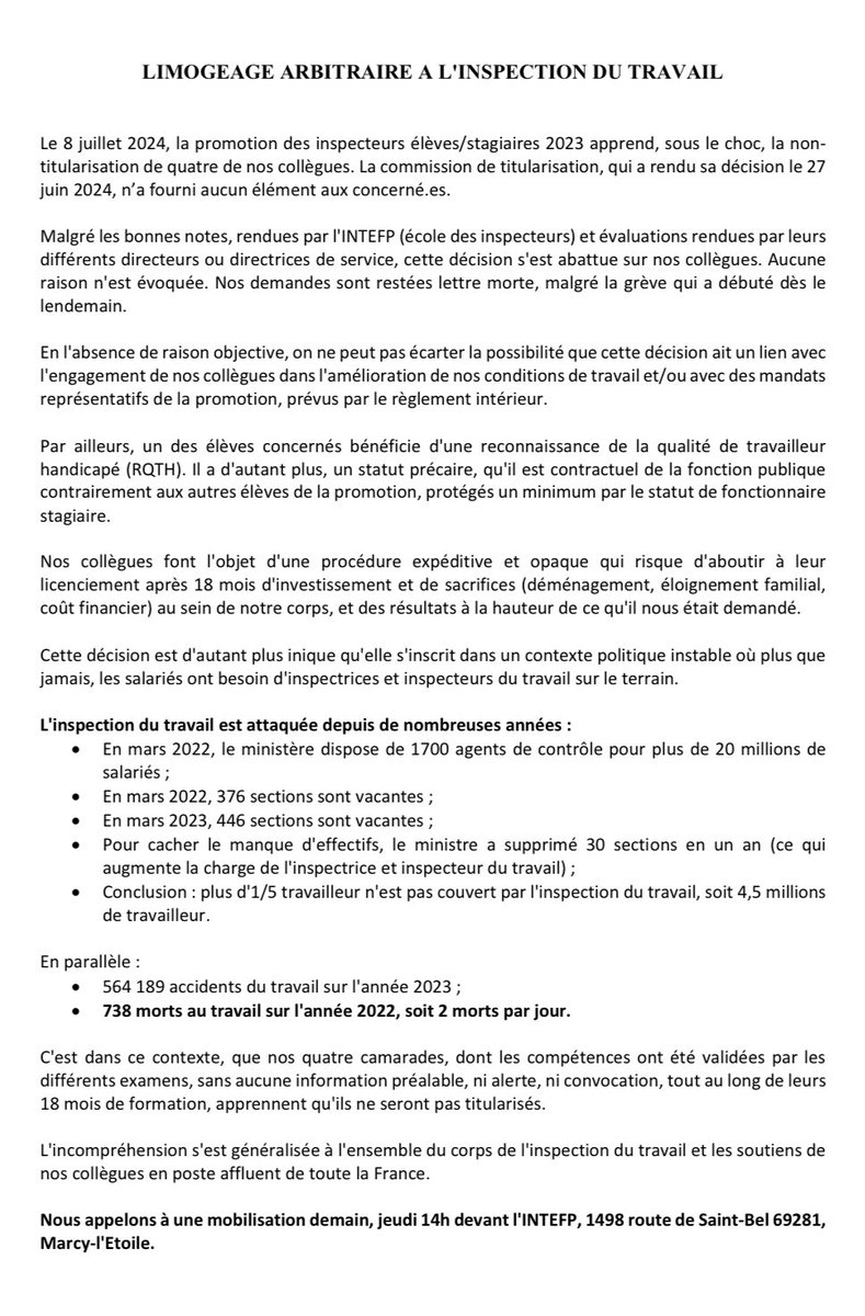 smith51_a's tweet photo. 🔴[ALERTE] A une semaine de la fin de leur formation de 18 mois, 4 inspecteurs du travail stagiaire ont appris avec stupeur le refus de leur titularisation !

🚨Ils et elles alertent et appellent à un rassemblement jeudi 11 juillet 2024 devant l'Institut national du travail à 14h https://t.co/FGdXmso7su